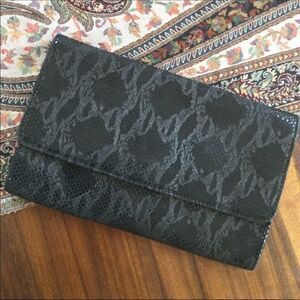 Bebe Clutch Black Leather Snake Skin Print Envelope Bag Purse